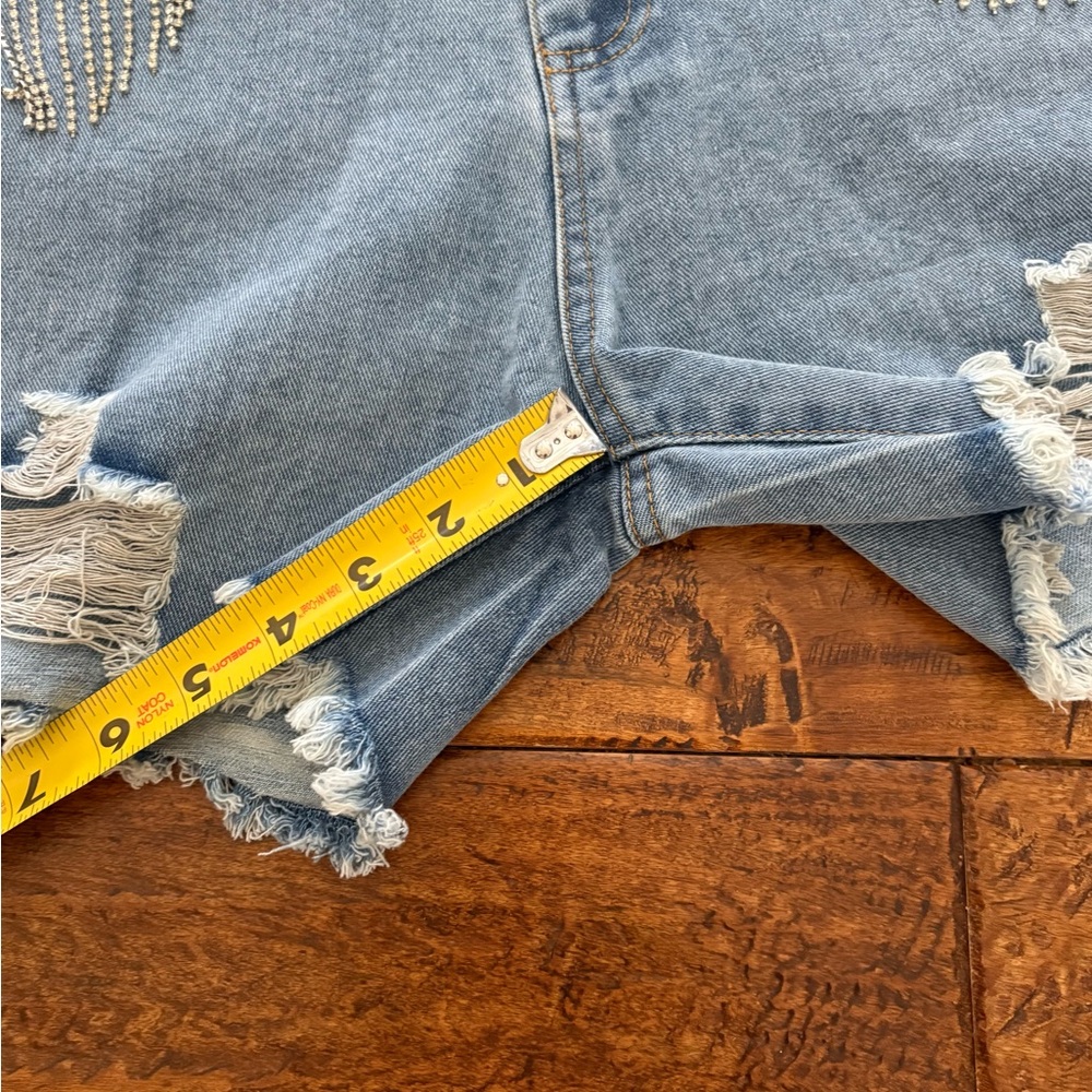 Blue B Collection Rhinestone Fringe Distressed Denim Shorts - Picture 10 of 10